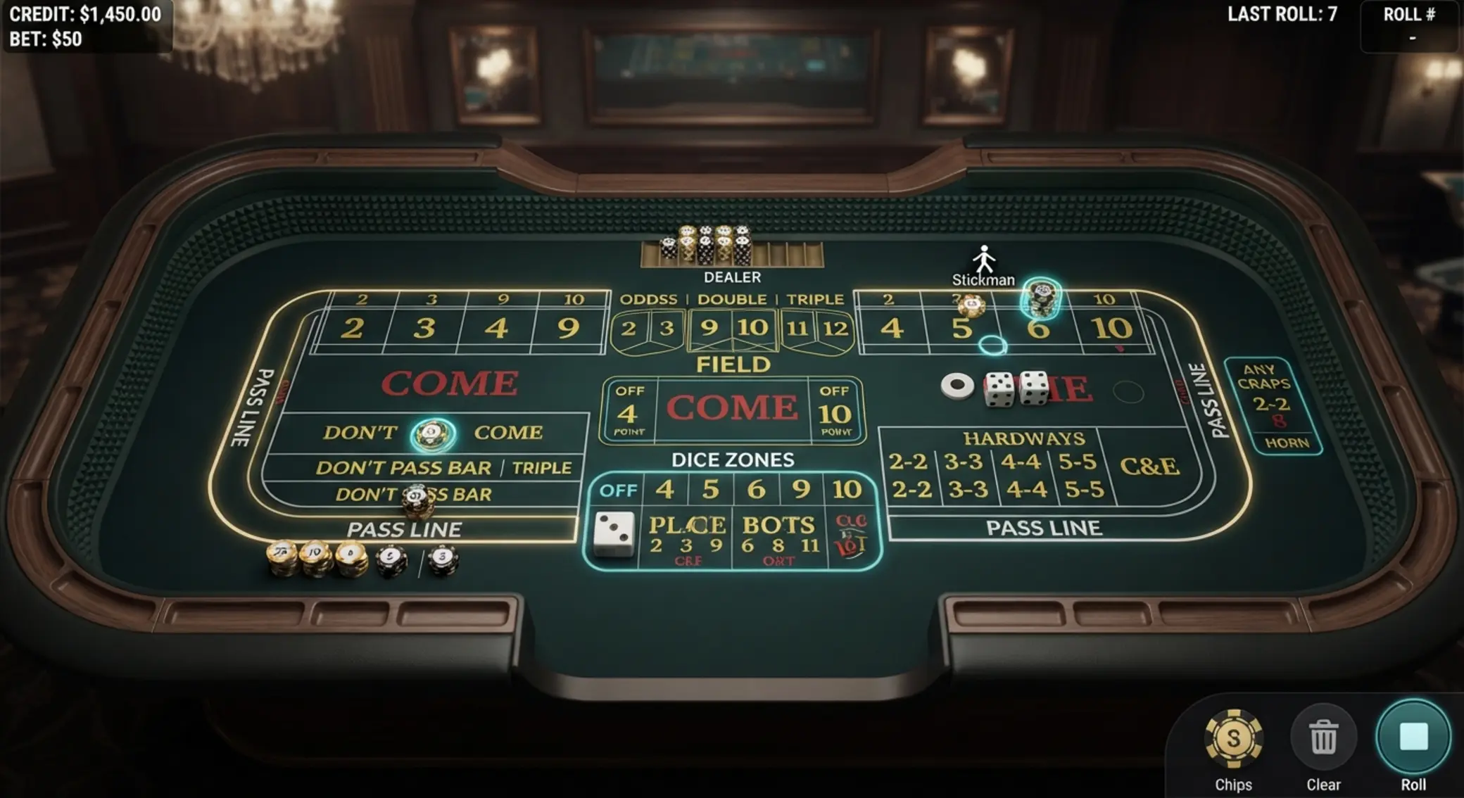 Stół do craps z zaznaczonymi polami zakładów