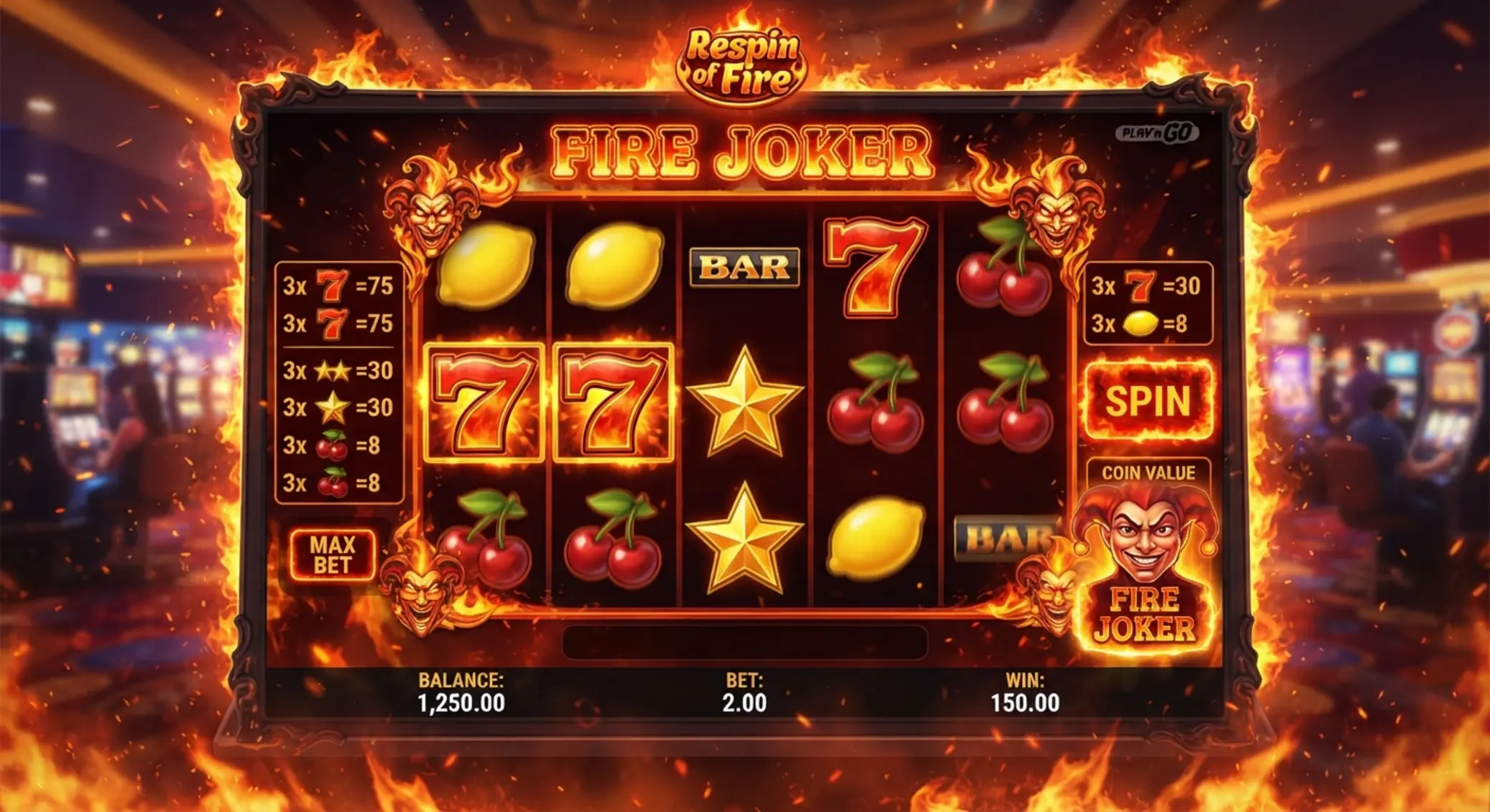 Ekran automatu Fire Joker z siatką 3x3 i klasycznymi symbolami