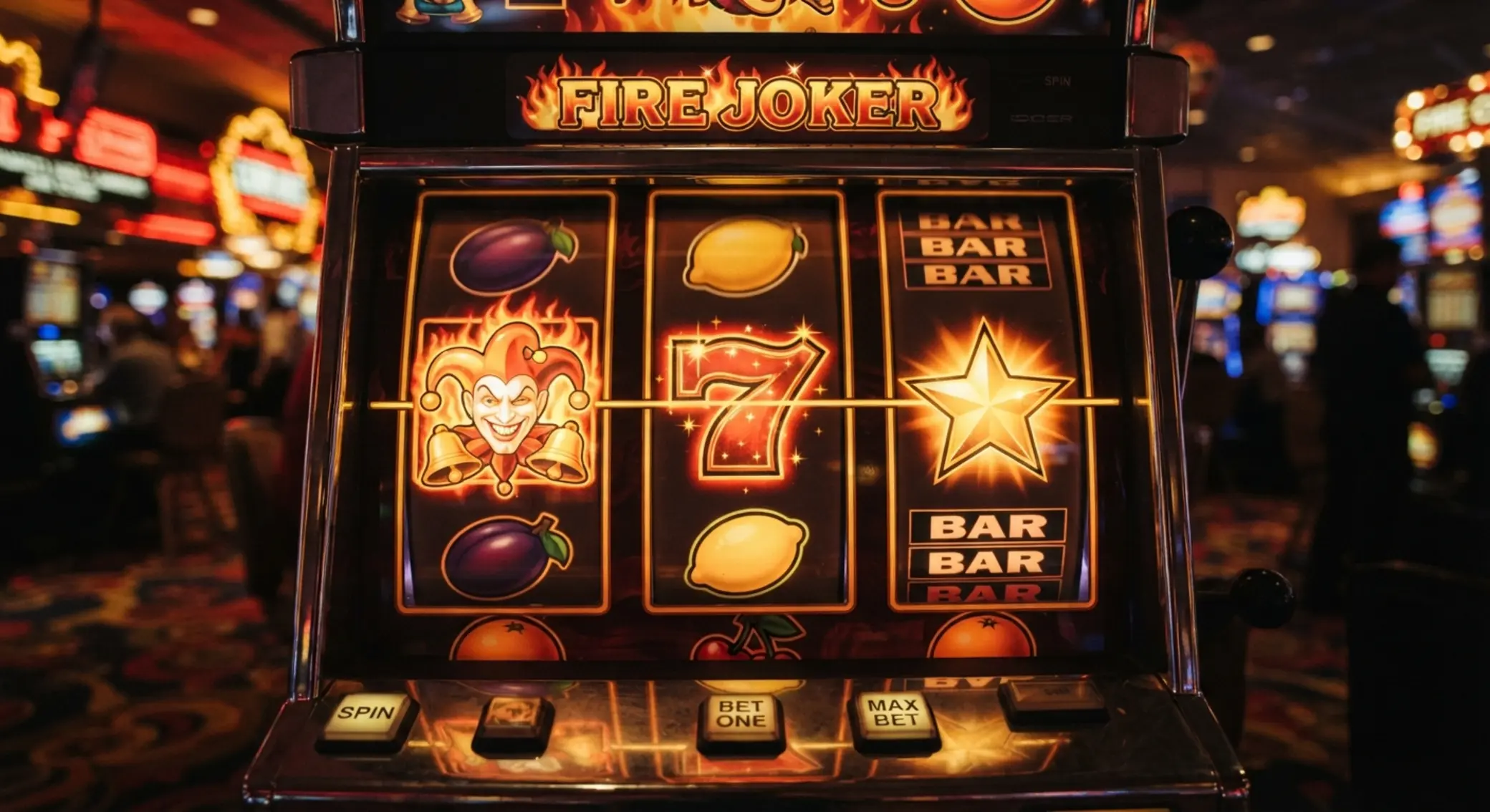 Zbliżenie na symbole Fire Joker w klimacie retro kasyna