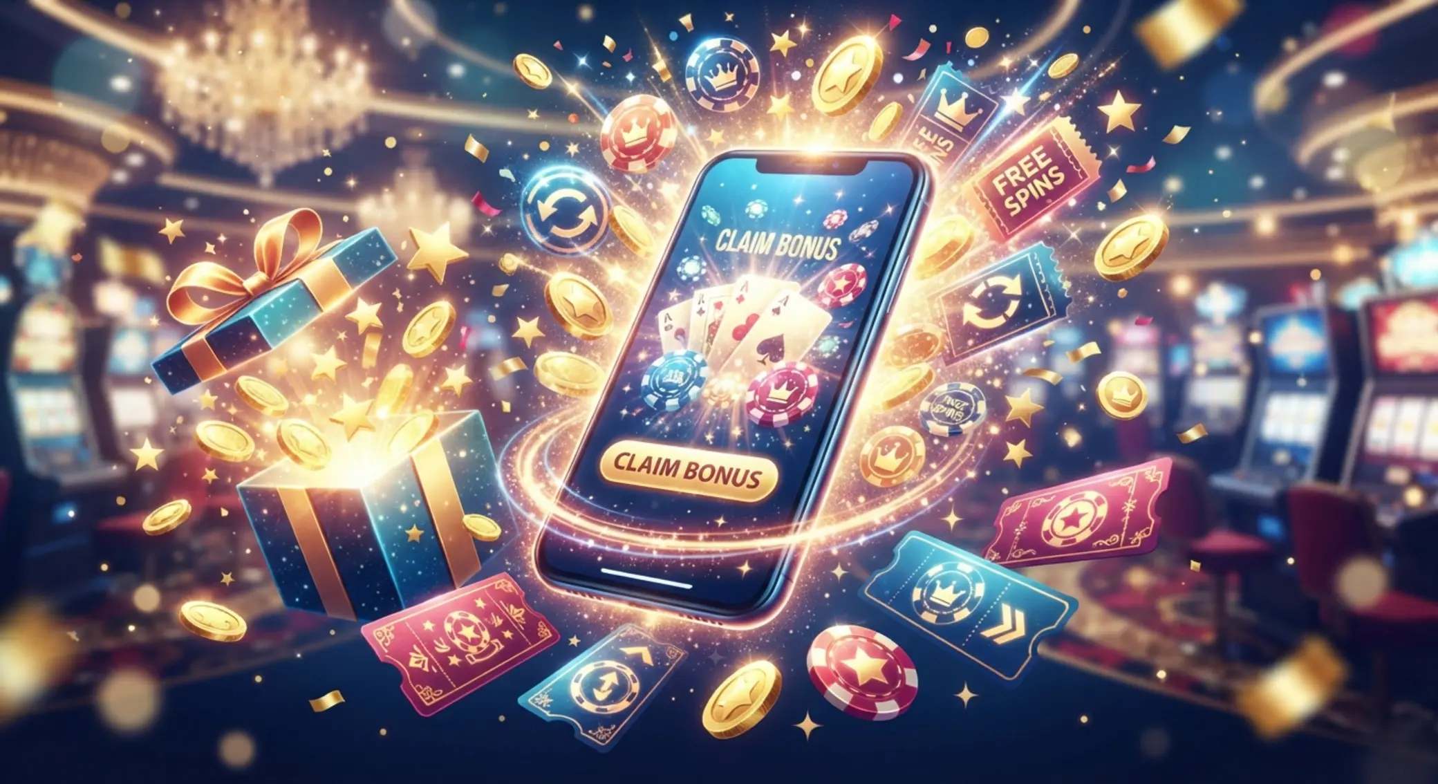 Smartfon z motywem bonusów kasynowych, monet i darmowych spinów