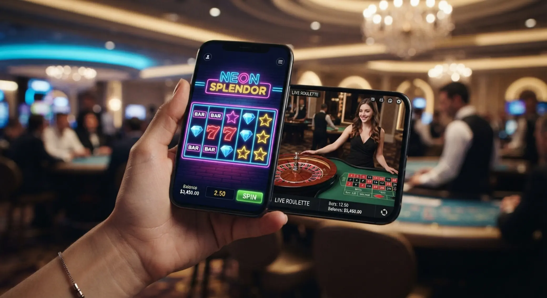 Telefon z ekranem gry slotowej i klimatem live casino