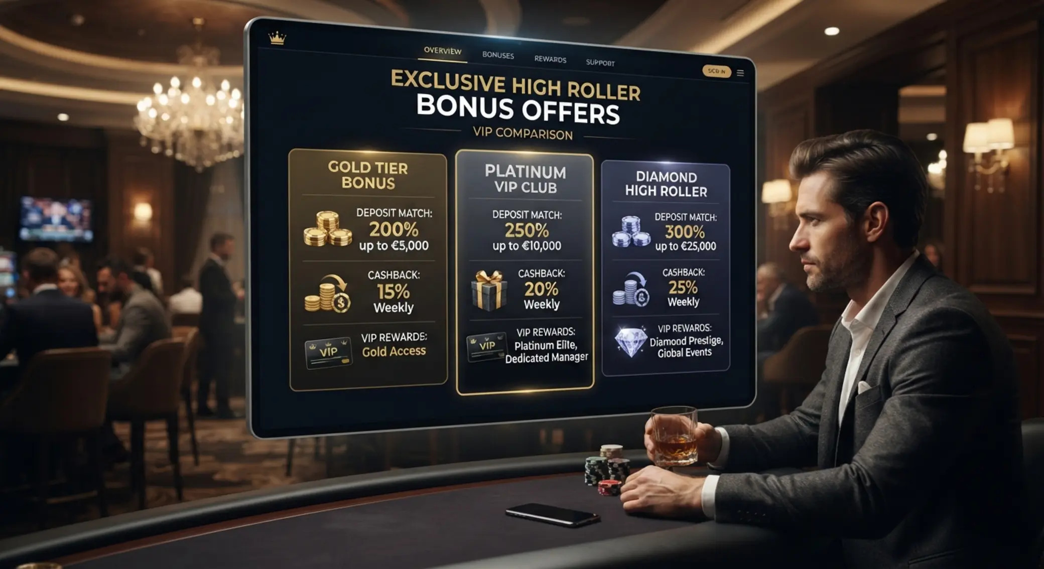 Porównanie bonusów high roller Ekran z różnymi ofertami bonusów high roller