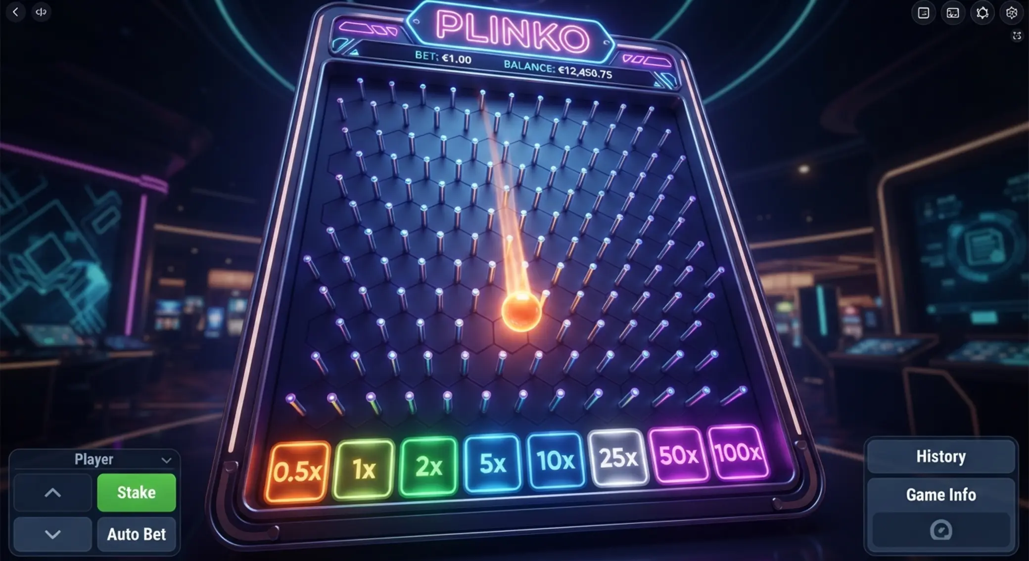 Plansza Plinko z kulką spadającą między pinami