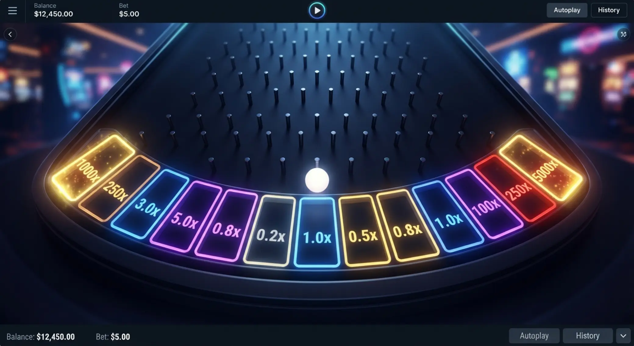 Rozkład mnożników na dole planszy Plinko